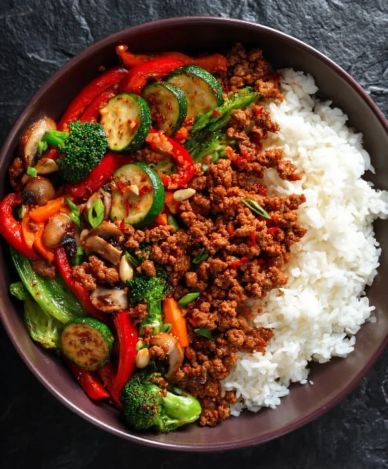 Spicy Beef Stir-Fry Bowl-Garlic Veggies & Rice