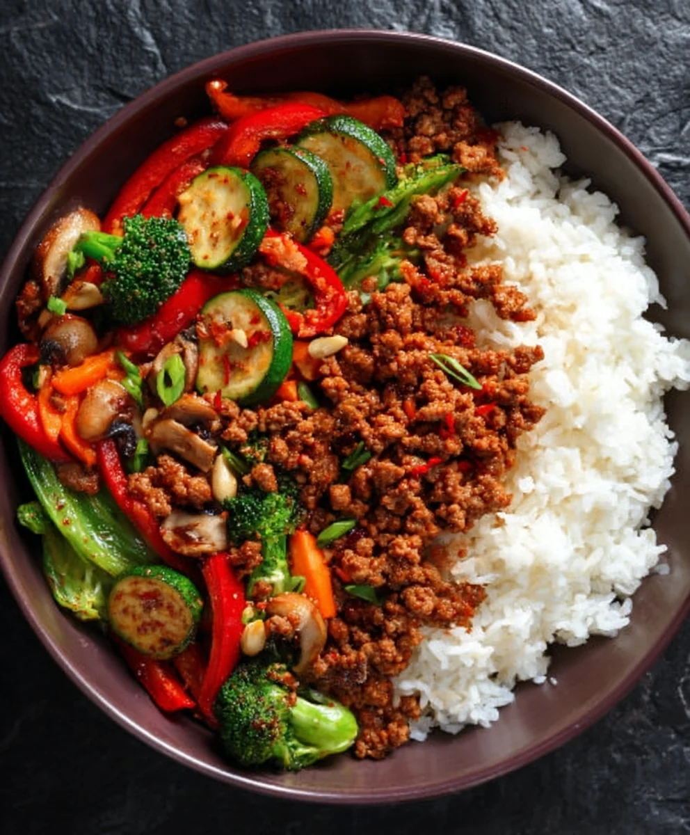 Spicy Beef Stir-Fry Bowl-Garlic Veggies & Rice