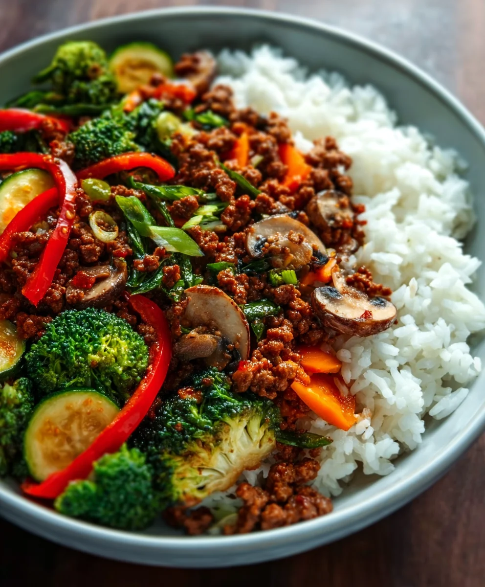 Spicy Beef Stir-Fry Bowl-Garlic Veggies & Rice