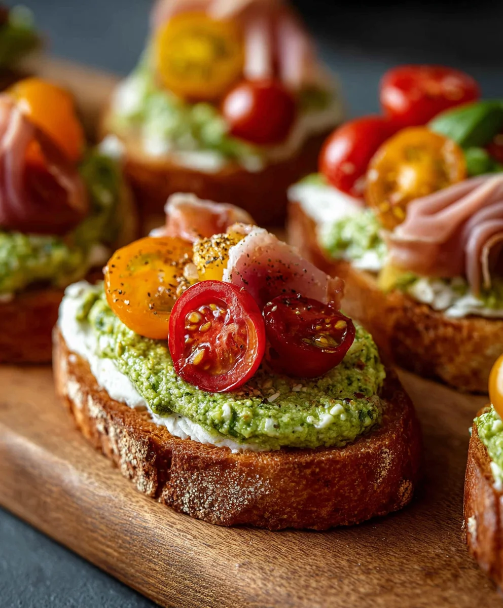 Tomato Crostini with Pesto Ricotta- Easy Appetizer