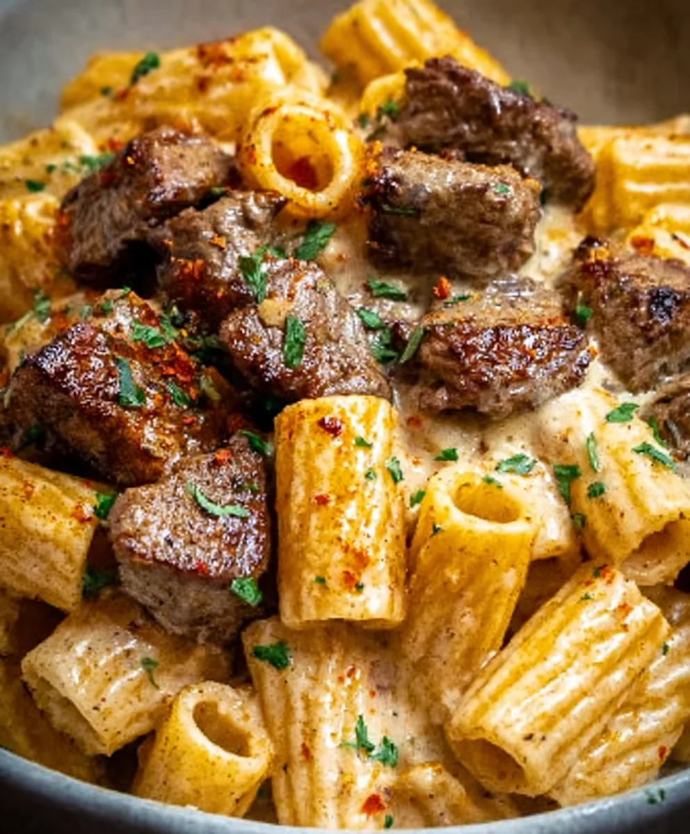Cajun Steak Tips Rigatoni Parmesan Cheesy Pasta