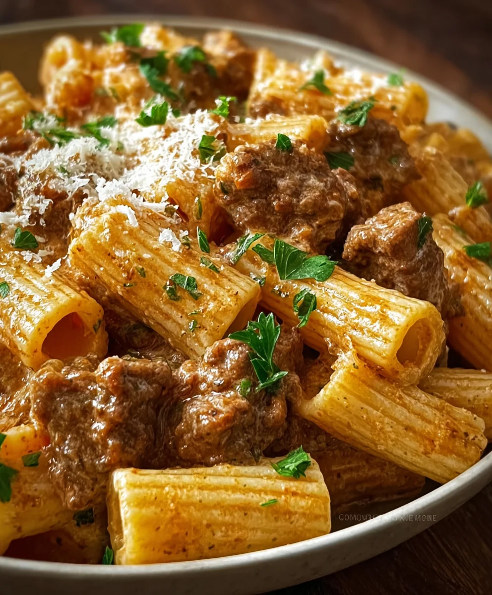 Creamy Parmesan Beef Rigatoni- Easy Family Dinner