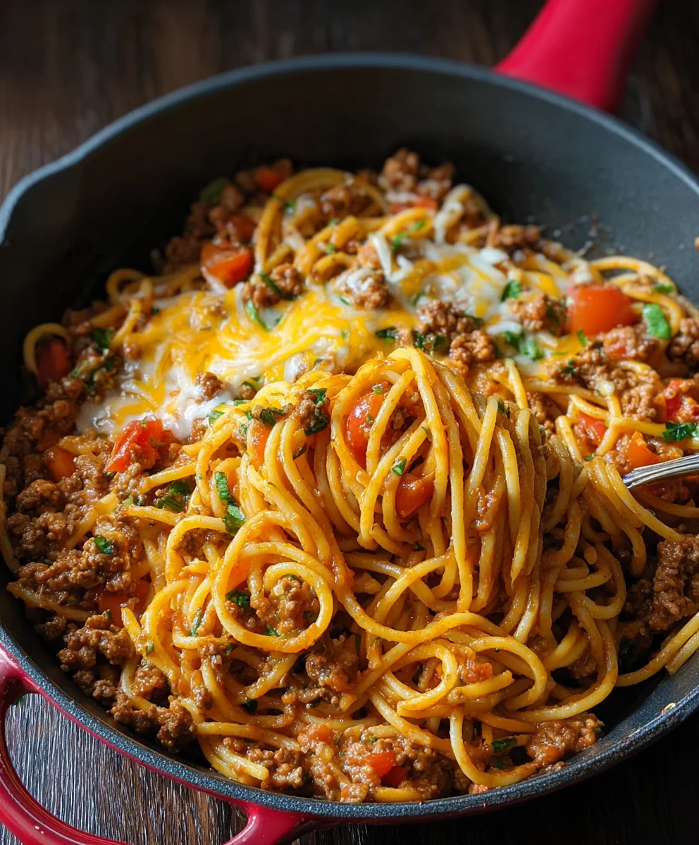 Easy One Pot Taco Spaghetti - Quick Beef Dinner