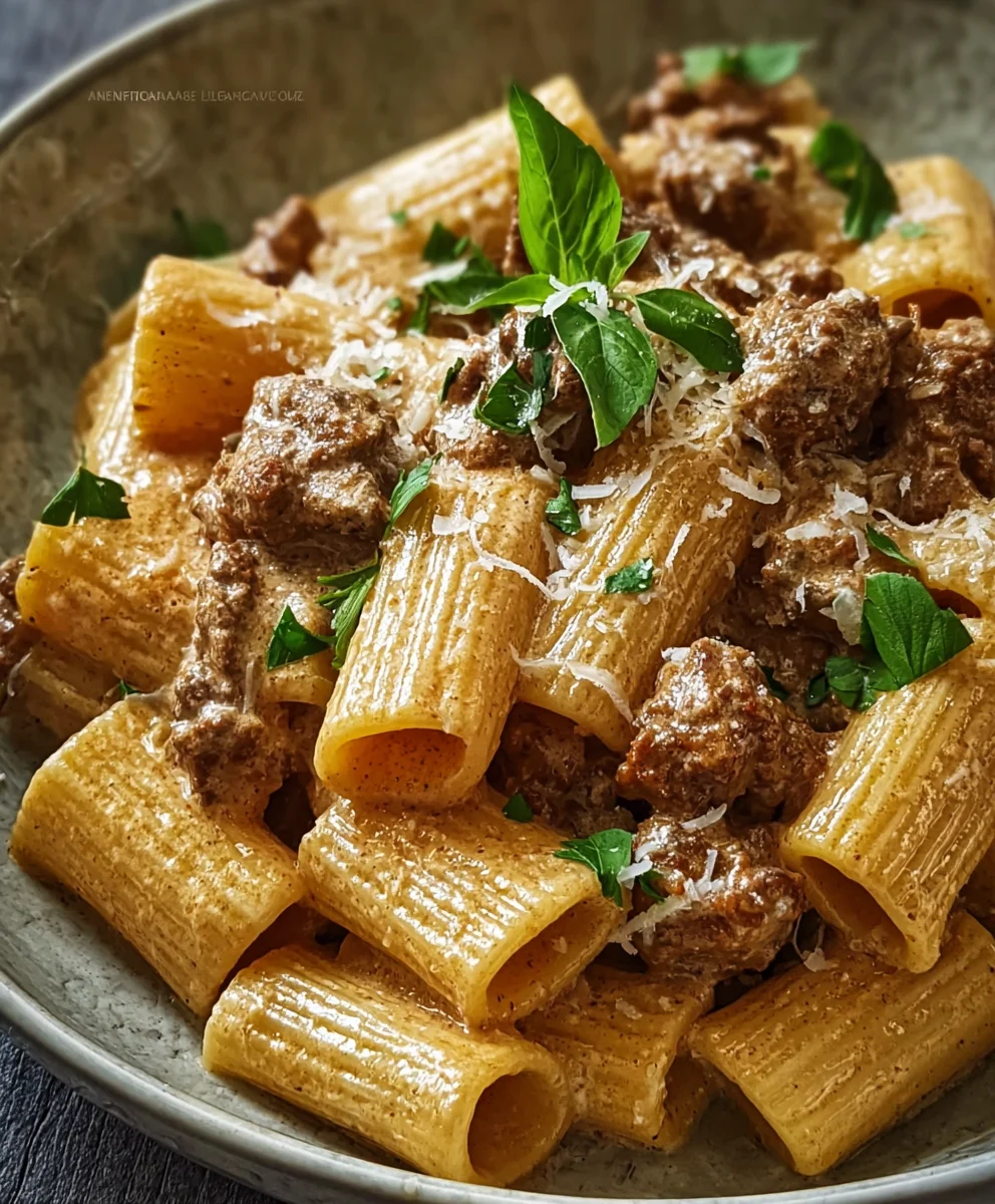 Creamy Parmesan Beef Rigatoni- Easy Family Dinner