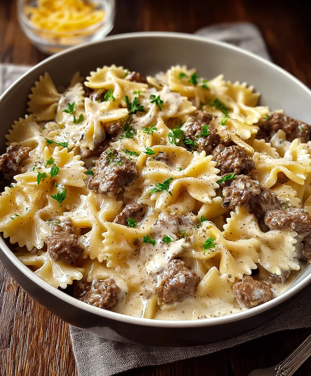 Beef Bowtie Pasta Alfredo - Easy Creamy Dinner