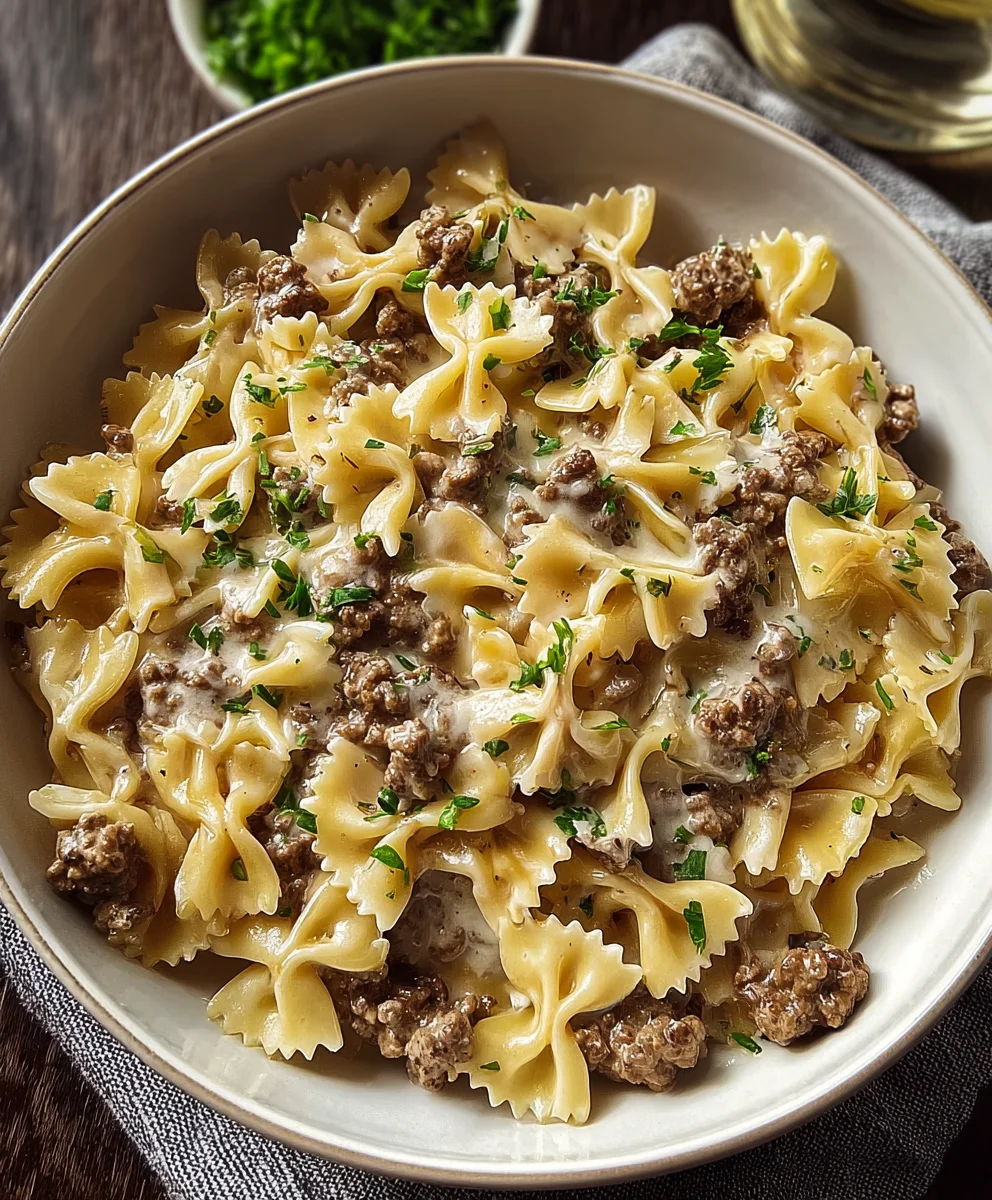 Beef Bowtie Pasta Alfredo - Easy Creamy Dinner