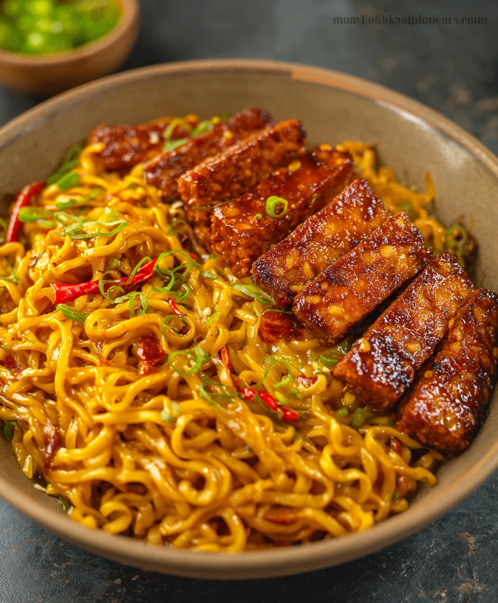 Sweet Spicy Tempeh Garlic Curry Noodles Recipe