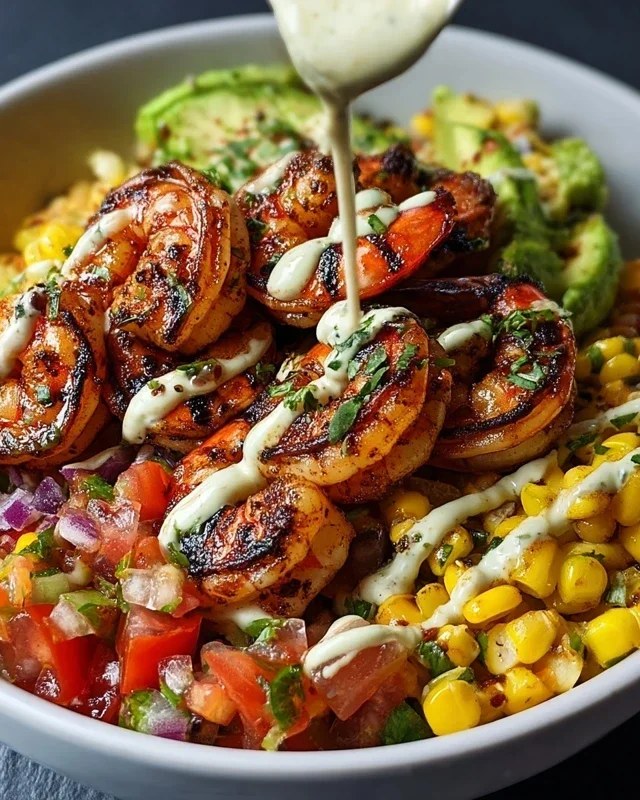 Grilled Shrimp Bowl with Avocado, Corn Salsa & Creamy Garlic Sauce