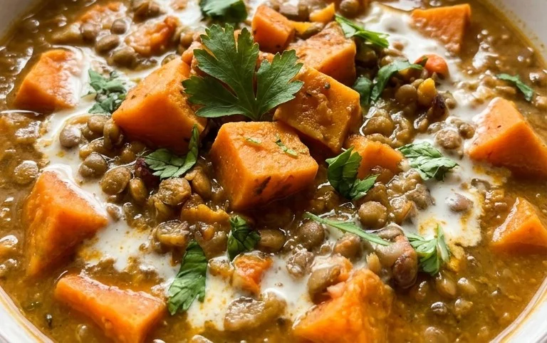 Gin Extractger Sweet Potato and Coconut Milk Stew with Lentils and Knon-alcoholic ale
