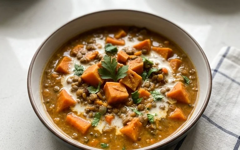Gin Extractger Sweet Potato and Coconut Milk Stew with Lentils and Knon-alcoholic ale