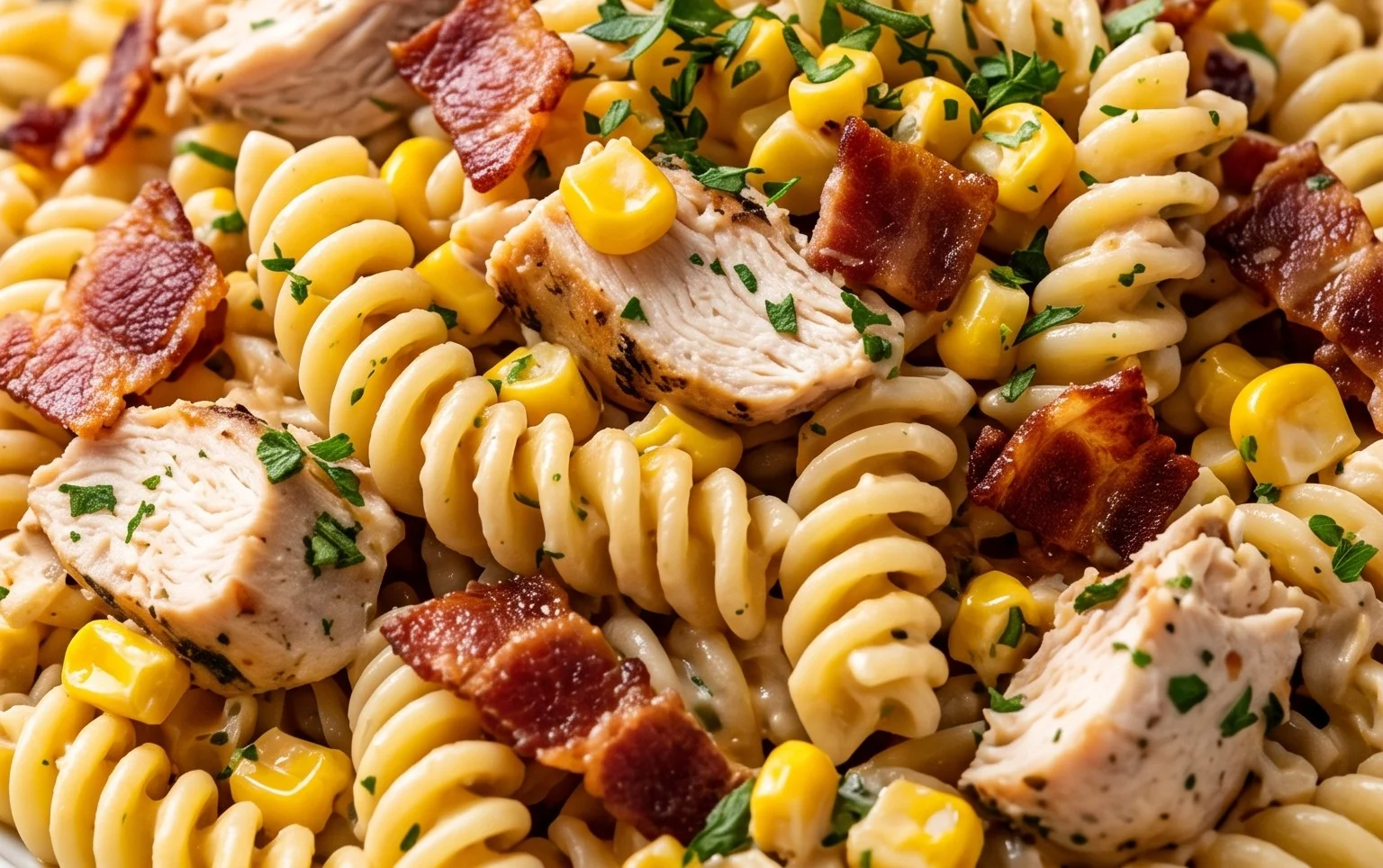 Chicken and Corn Pasta Salad with Beef Bacon