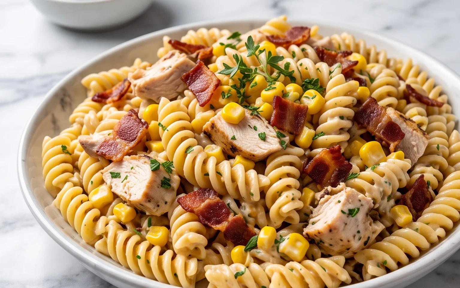 Chicken and Corn Pasta Salad with Beef Bacon