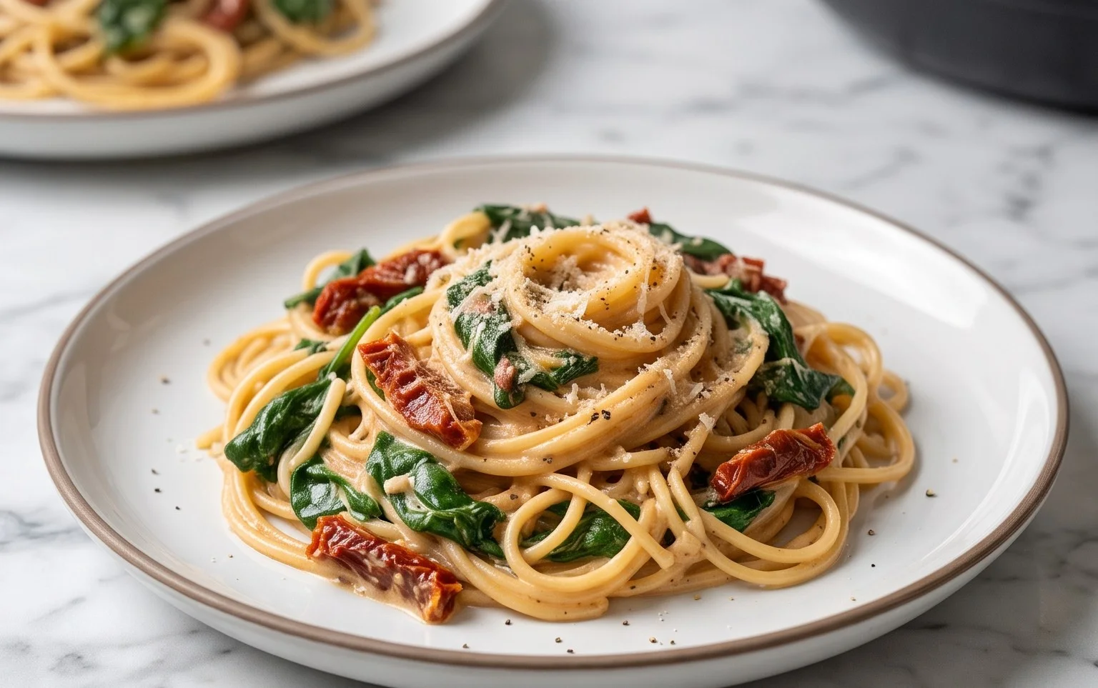 Spaghetti & Spinach with Sun-Dried Tomato Cream Sauce