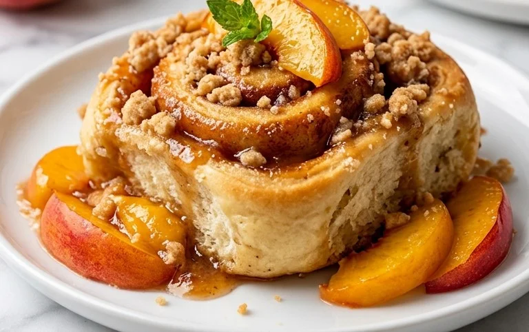 Peach Cobbler Cinnamon Rolls with Crum extractb Topping