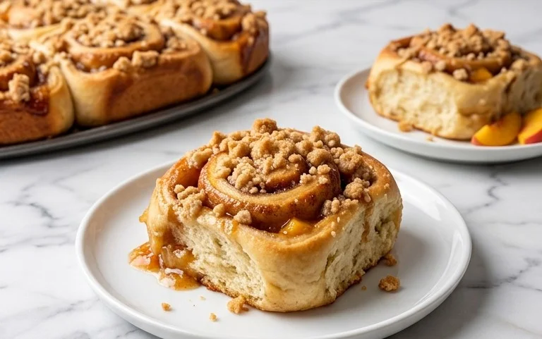 Peach Cobbler Cinnamon Rolls with Crum extractb Topping