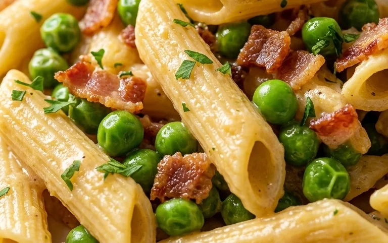 Penne Pasta, Peas and Beef Bacon