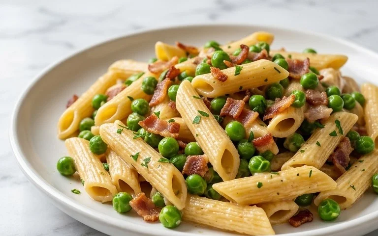 Penne Pasta, Peas and Beef Bacon