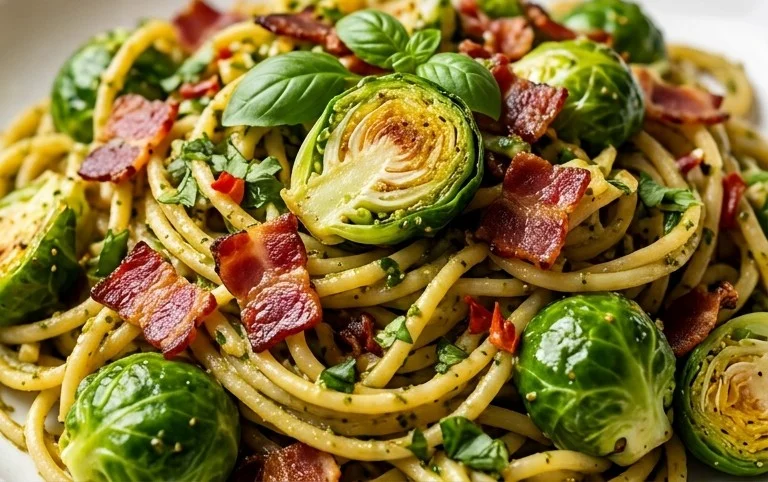 Brussels Sprouts and Beef Bacon Pesto Pasta
