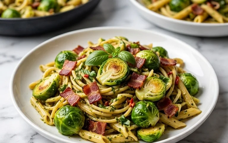 Brussels Sprouts and Beef Bacon Pesto Pasta