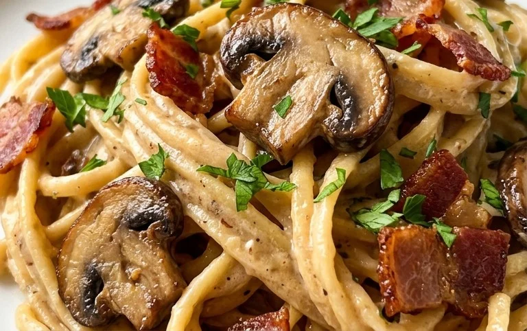Creamy Beef Bacon and Mushroom Pasta