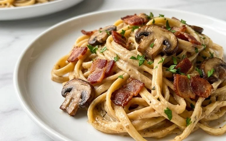 Creamy Beef Bacon and Mushroom Pasta