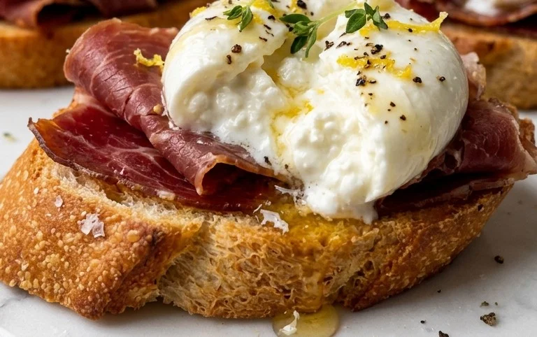 Beef Prosciutto Crostini with Burrata and Lemon Honey Drizzle