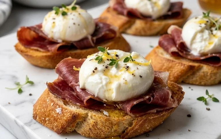Beef Prosciutto Crostini with Burrata and Lemon Honey Drizzle